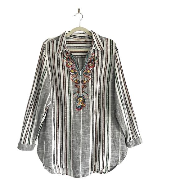 Soft Surrounding Brookhaven Tunic V Neck Floral Embroidered Striped Size L Boho - Picture 2 of 12